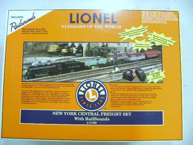 Lionel New York Central Freight Set 6-21988: Lionel O-gauge New York Central freight set 6-21988, great quality set NIB includes diecast Hudson 4-6-4 locomotive with tender, dome tank car, flat car, box car, caboose and transformer