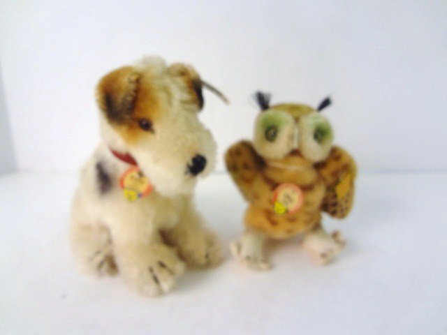 Steiff 1950s Replicas Uhu Owl & Foxy Dog: Steiff 1950s Replicas: Uhu Owl 1954 Replica 033100 & Foxy Dog 1953 Replica 402050 LE 418/3000