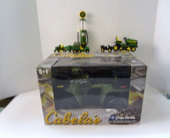 Toy ATV & Tractor Lot: Toy ATV & Tractor Lot: Cabelas Polaris 1:6 Scale ATV, John Deere Tractors/ATVs x 4 & John Deere Diecast Gas Pump