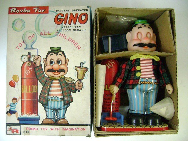 Rosko Balloon Blower BO in Box: Rosko Toy Tomiyama Japan, Gino Neapolitan Balloon Blower BO, 10.5" H, appears unused in original box complete with bell, soap and soap tray