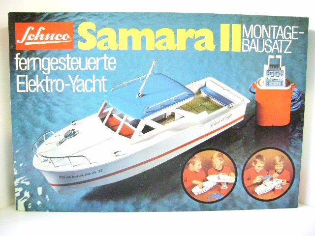 Schuco Boat, Mercedes and Tractor: Schuco Samara 2 Montage Bausatz BO remote control boat, unassembled in originsl box, looks complete, box measures 24" x 16", Schuco tin wind-up Mercedes SSK/L 6.5" L in OB and 1/18 scale tractor in OB