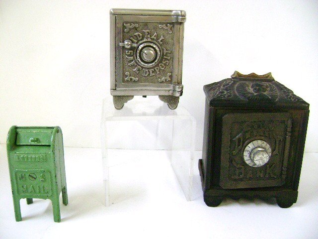 Ideal Cast Iron Safe Bank and Others: Cast Iron Ideal Safe bank 4.5" H in very good original condition, painted iron mailbox and iron/tim Coin Deposit Bank safe
