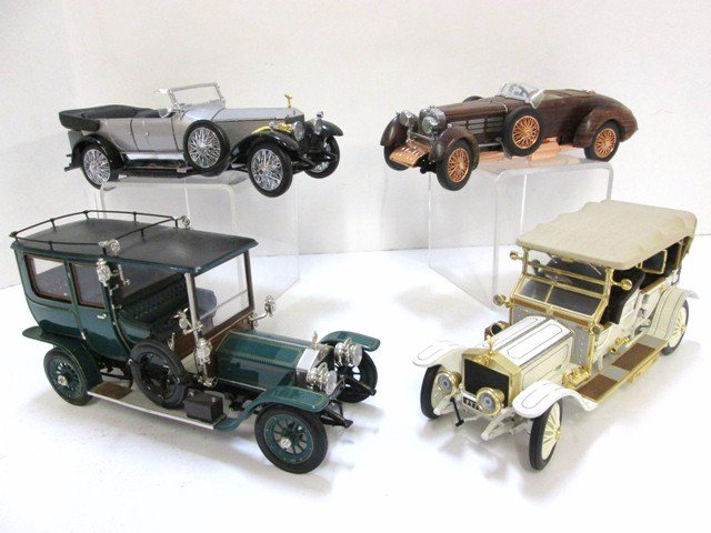 Franklin Mint Rolls Royces & other: 1907 Rolls Silver Ghost, 1911 Rolls, 1925 Silver Ghost, 1924 Hispano Suiza Tulipwood