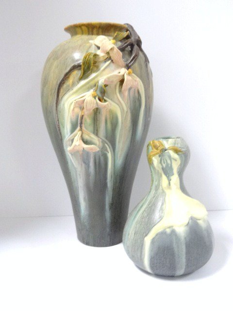 Pair of Ephraim Faience Pottery Vases: Ephraim pottery tall vase signed Klein measures 12 1/2 in. (t), together w 7 in. vase signed Hicks