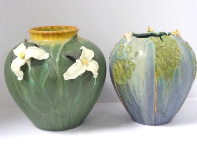Pair of Ephraim Faience Pottery Vases: Pair of Ephraim pottery vases, green vase w/applied flowers signed Nichol measures 7 1/2 in. (t), second signed Pratt & Cerf 7 in. (t)