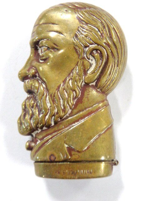 Benjamin Harrison Figural Head Vesta Case: Rare brass Benjamin Harrison figural head campaign match safe 2.6 in. (h), marked patd. Oct. 9 .88