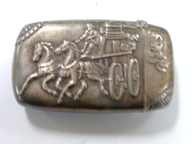 Fire Engine Advertising Vesta Case: Great early advertising case with two horses pulling steam powered pumper, back marked presented by The Home Ins. Co. New York 2.7 in. (h)