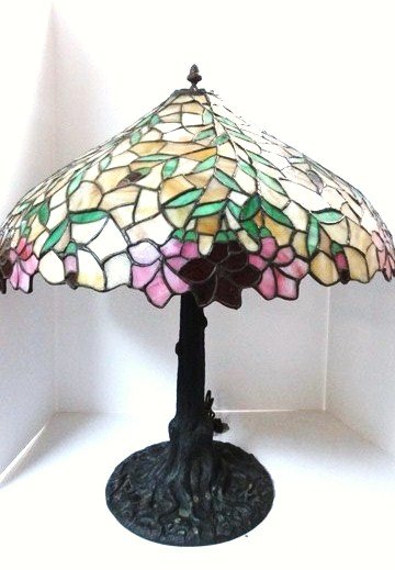 Mosaic Shade Co. Lamp: Mosaic Shade Co. Chicago, Stained Glass table lamp with bronze base , shade 24" diameter with scalloped bottom rim, signed bronze base 28" ( h), in the Tree Trunk Pattern