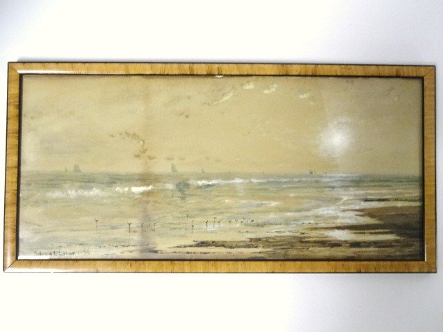 Edmund Darch Lewis Watercolor: Edmund Darch Lewis (1835-1910), Watercolor signed Edmund Darch Lewis 1886 lower left, coastal scene w/Sails in background, sight size 19.25 in. x 8.75 in.