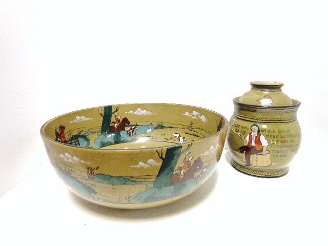 Buffalo Pottery Deldare Punch Bowl and Humidor: Two vintage pieces of Deldareware by Buffalo Pottery, punch bowl w/equestrian scenes, 12 in. (di) & humidor 7 in. (h)