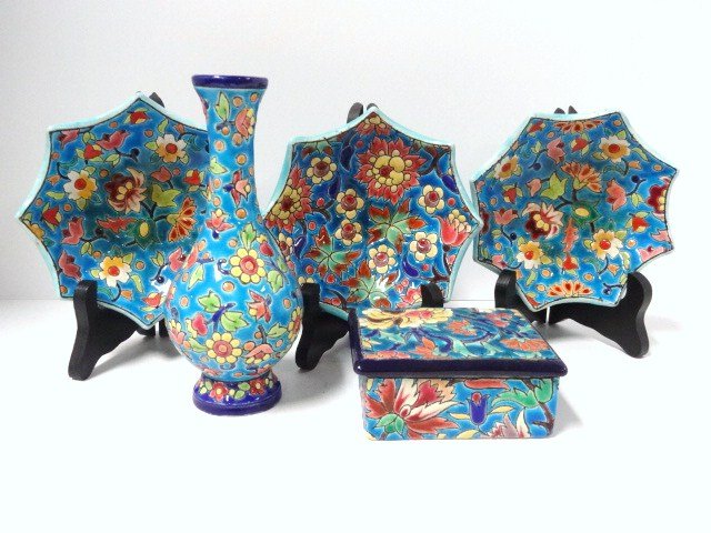 Longwy Faience Pottery Five Piece Lot: Longwy France pottery five pc. Lot, 4 in. box, 6 1/2 in. bud vase & 3-5 in. bowls