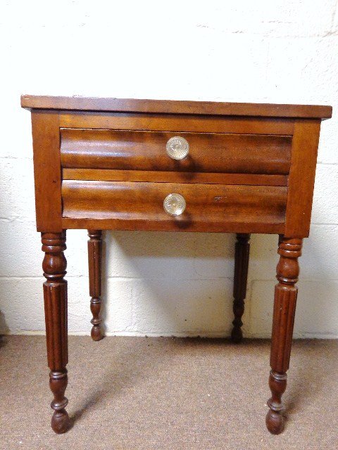 Cherry Sheraton Work Table: Sheraton period cherry two drawer work stand w/pressed glass pulls, older finish, 23 in. (w), 18 in. (d), 29 in. (h)