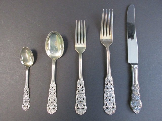 Marthinsen Silver Flatware Service: T.H. Marthinsen, Norway .830 silver w/gold gilt flatware service, includes 12 dinner knives, 6 dinner forks, 12 luncheon forks, 24 spoons, 12 coffee spoons, tea scoop, also non-matching .830 silver la