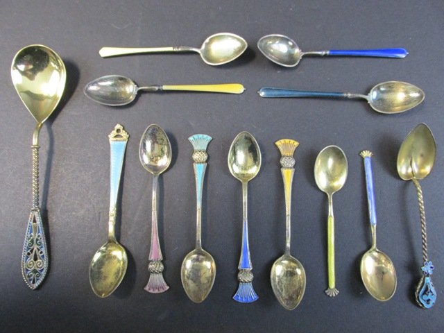 Silver/Enamel Demitasse Spoons: Sterling & enamel demitasse spoons, various makers & patterns, most made in Norway, 3.58 ozt total weight