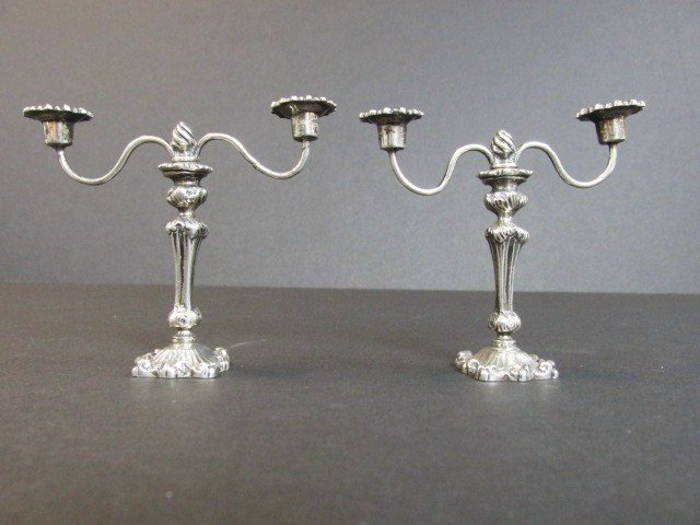 Dollhouse Miniature Meyers Sterling Candelabras: William Meyers, N.Y. incredible pair of Georgian style sterling dollhouse candelabras w/removable arms, 2.7 in. (h) 3 ozt