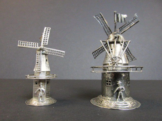 Pair Silver Miniature Wind Mills: Two vintage European silver windmill miniatures, tallest 3.8 in., 2.35 ozt, unknown hallmarks