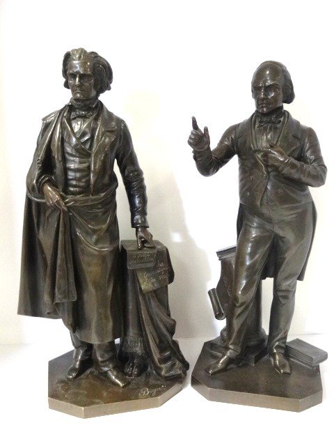 Pair Boyer Civil War Era Bronze Statues: Pair of bronze statues of civil war era politicians signed Boyer on base, featuring political phrases, "Strict Construction", "The Sovereignty of the State", and "I Still Live", excellent quality cast