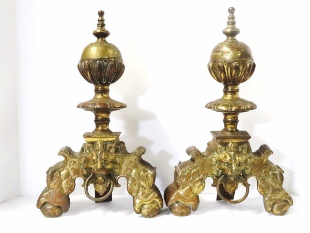 Pair Early Brass Andirons: Pair of early brass lion head andirons w/gold gild, 15.5 in. (h), 9.5 in. (w), includes front section only, no fire dogs included
