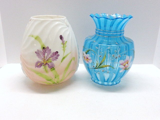 Two Early Glass Shades: Two early lighting shades, white shade w/pink accents, 4 in. opening, 8 .25 in. (h), blue & clear shade, scalloped rim, hand painted flowers, 4 in. rim, 8.25 in. (h)