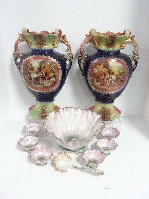 Royal Bayreuth Berry Set and Vases: Six piece Royal Bayreuth Bavarian berry set, 8 1/2 in. (di) bowl, 6-3 in. bowls, plus ladle, pair of French style vases w/work horse scenes 13.25 in. (h)