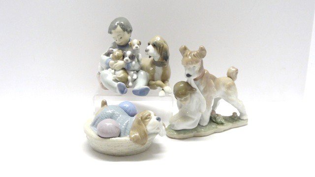 Lladro Grouping, Children and Dog: Safe & Sound Lladro 1988 Collectors Society #6556, tallest 6 in, Dozing Doggie #1406, Toddler w/4 Bloodhounds #5456