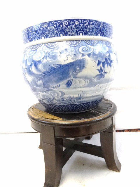 Early Oriental Fish Bowl: Blue/white fish bowl w/koi, bird & pine tree decoration, 17 in. (di), 14.5 in. (h)