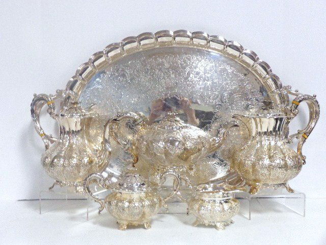 Large Mappin and Webb Tea and Coffee Service: Mappin & Webb 5 pc. Coffee & tea service silver-plate on copper, 2 teapots, coffee pot, covered sugar & creamer, also Parker Ellis England double handle tray, 27 in. (l)