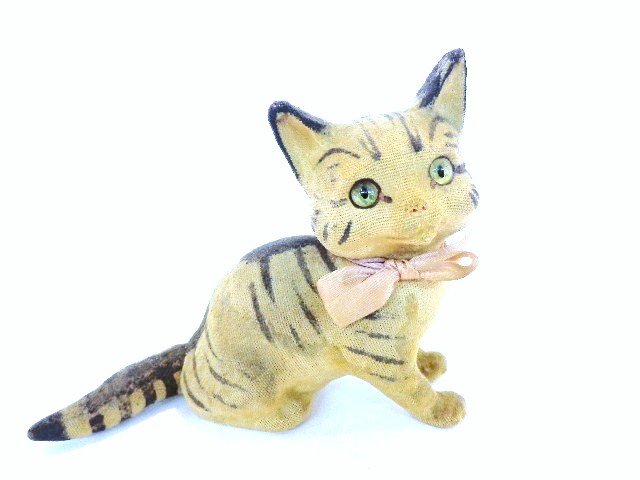Glass Eyed Cat Candy Container: Glass eyed cat candy container 5 in., w/early glass eyes, original bow, great colors
