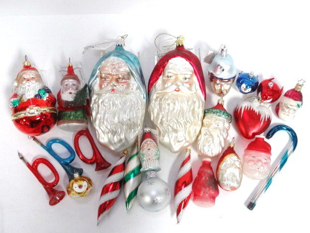 Contemporary Christmas Balls: Two large Erivin Eichhorns, Santa faces, several Christopher Radko & others, very decorative and fun, from 2 in. - 8 in., 21 pcs.