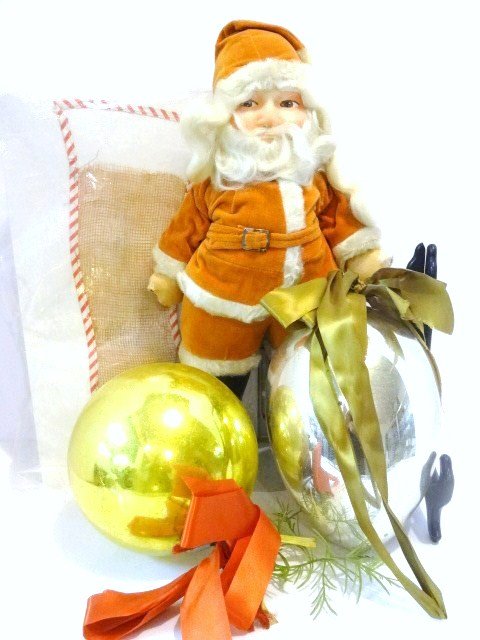 Vintage Santa Doll and Kugal Style Balls: Vintage Santa cloth face, velvet suit & leather boots 15 in., 2 large Kugal style balls & stocking