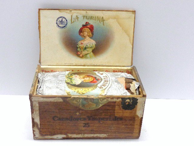 Full Box 1901 Cuban Cigars: LaTurina Cigars, full bundle of 25 in original box, Cazadores Ymperiales, manufactured for American West Indies Trading Co. reads "The Cigars in this Box are Manufactured from the Finest Grade of Toba