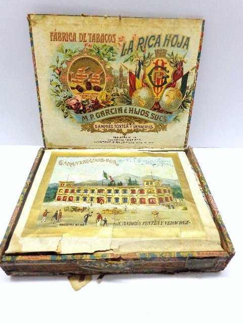 Box of 1926 M.P. Garcia Cigars: M.P. Garcia, Vera Cruz Mexico, LaRica Hoja Cigars, 1926 tax stamp, box contains 23 of 25 cigars, box 9.25 in. x 7 in. x 1.75 in.