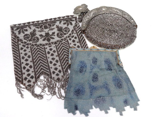 Three Vintage Purses: Mesh Purse, Silver Purse with Chatelaine , Beaded purse no top.