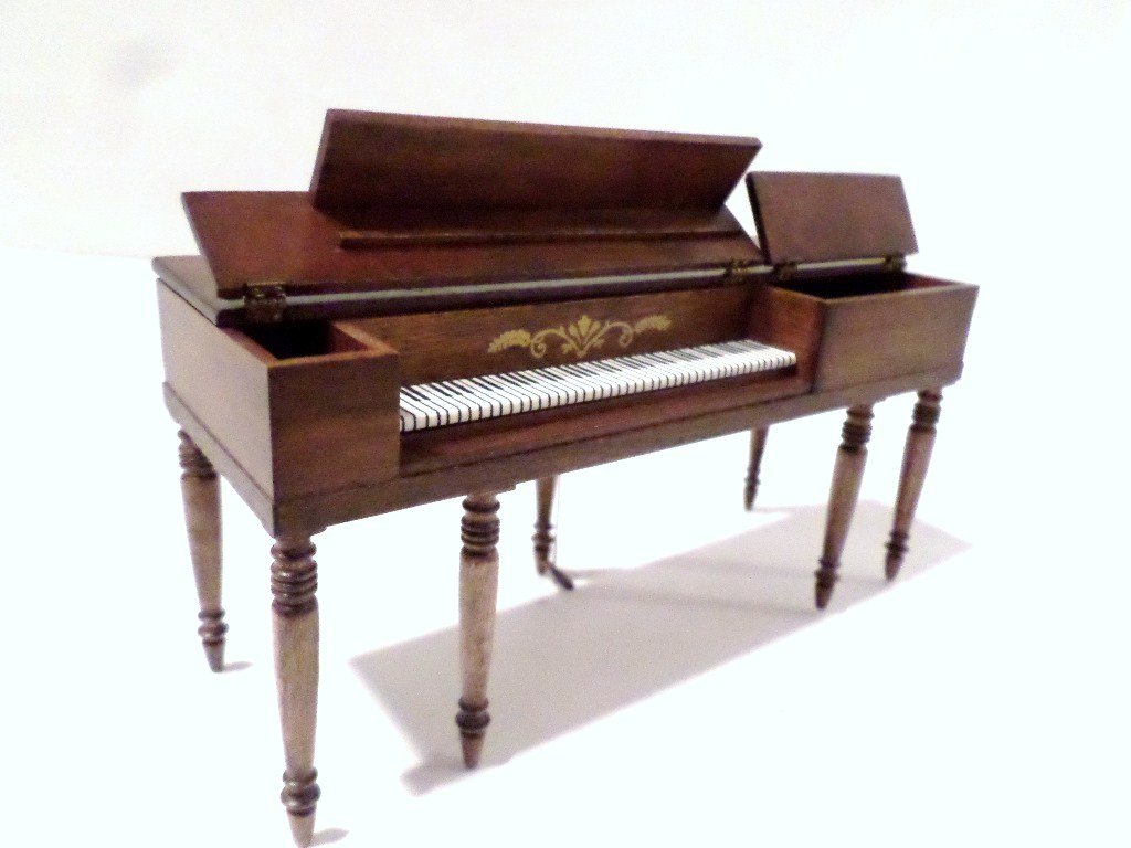 Dollhouse Artist Miniature Gutheil Pianoforte: Signed Gutheil Pianoforte with gold decoration ,and two hinged lids that open to piano, 2 1/2 x 5 1/2"