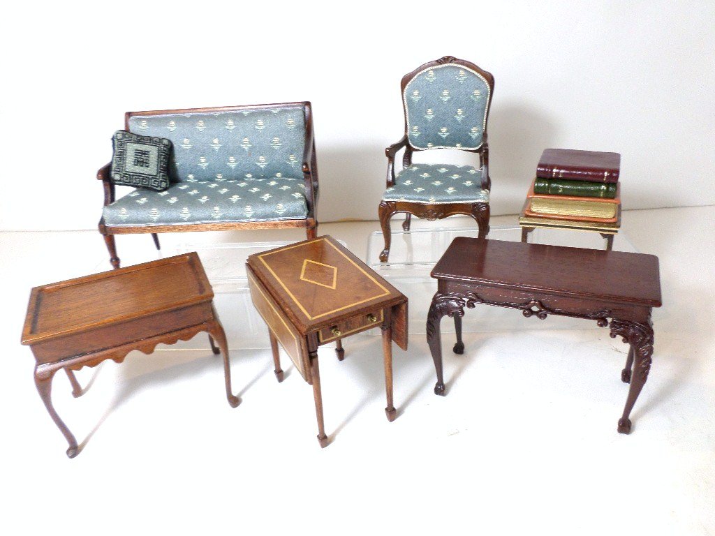 Dollhouse Artist Miniature Parlor Furniture: Robert Bernhard Settee and arm Chair with satin upholstery, wonderful small book stool marked Bernhard, Dennis Jenvey Inlaid Pembroke Table, Chippendale Coffee Table, New York Style Chippendale carved