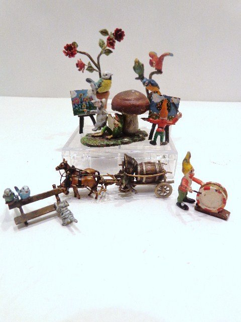 Miniature Vienna Bronzes: Eight Miniature Vienna Bronzes: cat with birds on park bench, parrots on tree, gnome artist, bird and rose tree, music reading frog, gnome drummer, elephant artist 2 1/2" largest