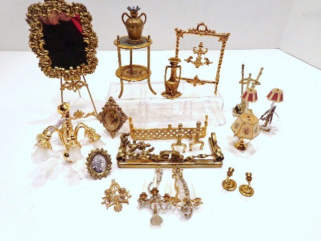 Dollhouse Furniture Vintage Ormolu: Grouping of Ormolu, two tier stand, sconces', mirror, fire screen, easel, fenders, chandeliers, etc., large grouping 4 3/4" tallest