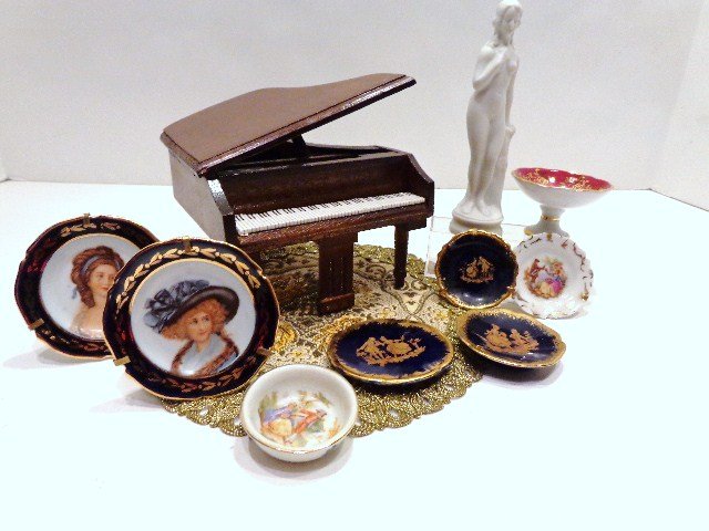 Contemporary Dollhouse Accessories and Piano: Grouping of Limoges plates, two portrait plates, bisque figures, decorative pieces, piano etc., 5' tallest