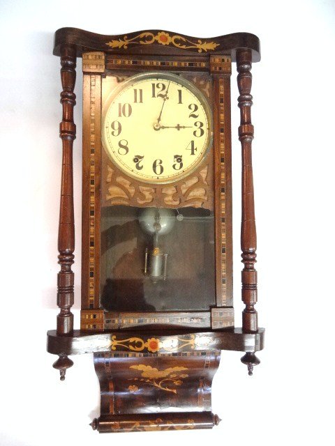 Marquetry Wall Regulator Clock: Marquetry Wall Regulator Clock with marquetry case 30.5" high, eight day brass movement with time and strike