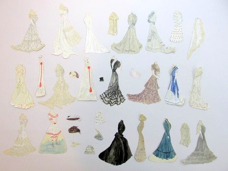 Handmade Set House of Worth Designs circa 1890: House of Worth 6" H doll with five outfits, original designs submitted to Mrs. Abigal Lockwood by M. Marcel Ronte, chief designer and representative of House of Worth, France circa 1890's, includes 16