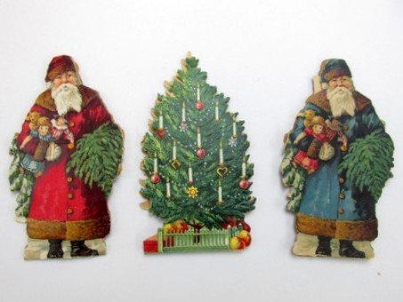Three Early Die cut Christmas Cards with Paper Dolls: Three early die cut Christmas cards with paper doll inserts by S & C Germany, includes two Santas and a Christmas tree, about 6" H