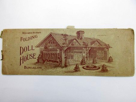 McLoughlin Brothers 7603 Bungalow w/Box: Mcloughlin Brothers Folding Doll House 7603 Bungalow with original box, brightly colored lithograph paper over cardboard house 17" L, 8" W, 9" H, includes original box measuring 8" by 23"