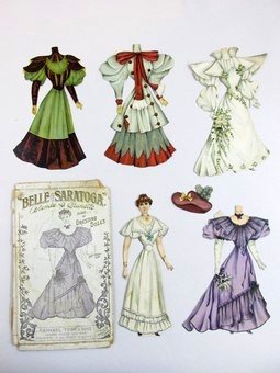 Raphael Tuck 4 Belle Sets: Raphael Tuck Belle Series 4 sets circa 1890, Belle of Saratoga 9" H has four costumes and one hat plus additional hand drawn costumes with original envelope, Belle of the West has four costumes, Belle