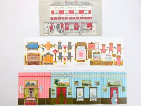 Tuck Home Sweet Home Dainty Dollies: Raphael Tuck Home Sweet Home folding doll house for Dainty Dollies, includes folder, background, uncut bedroom and parlor furniture, folder measures 8" by 14"