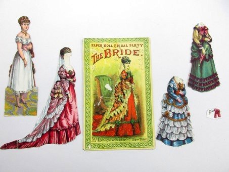 Mcloughlin Bridal Sets: Four early McLoughlin sets, Bride 8.5" H has four costumes including bridal gown and one hat with original folder, Bridegroom has three costumes with original envelope, Best man has two costumes, Brid