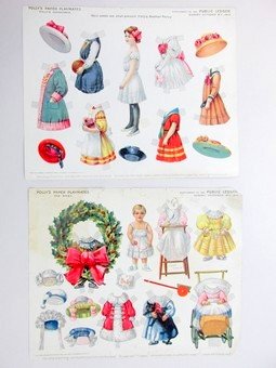 Ten Sets Advertising Dolls: Ten early sets and partial sets of advertising, Modern Priscilla uncut doll and four uncut sheets of costumes, Singer Sewing Machine uncut doll and two uncut costumes, three dresses only from Demorest