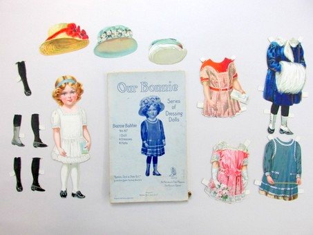 Raphael Tuck Our Bonnie Series 2 Sets: Raphael Tuck Our Bonnie Series of Dressing Dolls, Bonnie Baby #67 9" H with four costumes and three hats in original box, Bonnie Berry #66 with four costumes and four hats with box lid only