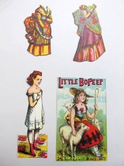 Five Early Mcloughlin Sets: Five early McLoughlin sets, Humpty Dumpty uncut set 5" by 13.5", Dame Trot 4.5" H cut doll with two costumes, Little Bo Peep 4" H with two costumes and folder front only, Charlie Varden 4.5" H cut dol