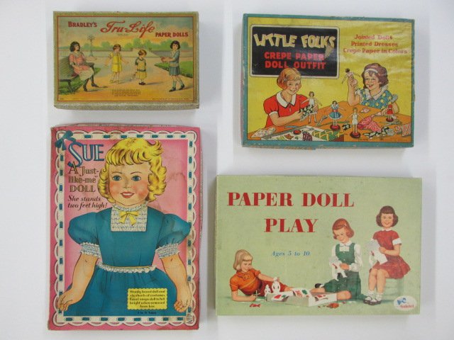 Four Boxed Sets of Paper Dolls: Four boxed sets of paper dolls, Bradley's Tru-Life Paper Dolls by Milton Bradley circa 1910, Paper Doll Play by Samuel Gabriel, Sue A Just Like Me Doll 1958 by Saalfield, and Little Folks Crepe Paper 