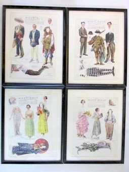 Movy-Dols Movie Star Uncut Sheets: Four uncut sheets of movie star paper dolls by Percy Reeves circa 1920, each 8.25" by 11" housed in black frames, Charlie Chaplin, Douglas Fairbanks, Norma Talmadge and Geraldine Farrar